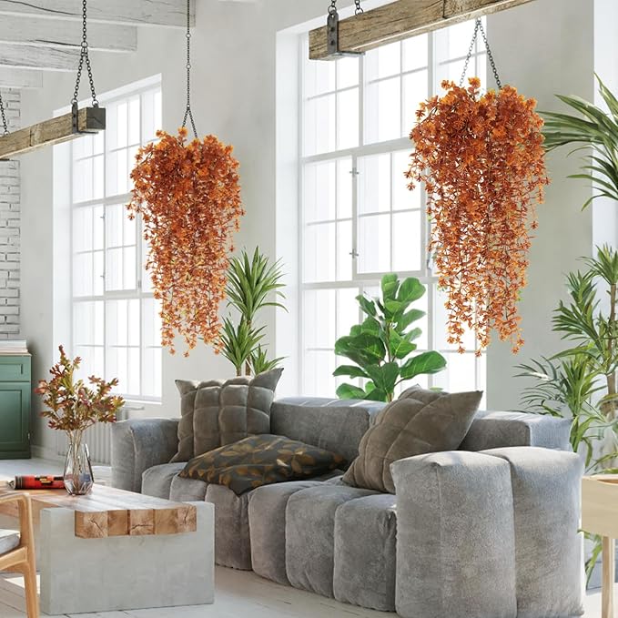 Fall Flower Artificial Artificial Hanging Plants Fake Hanging Flowers Fake Plants Faux Vine Plant Hanging Autumn Decor for Room Wedding Proch Yard Outdoor Home Wall Kitchen Bathroom Indoor (Brown)