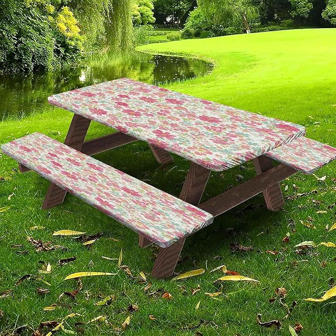 CAPSCEOLL Picnic Table Cover with Bench Covers Waterproof Camping Tablecloth Elastic Table Protector with Drawstring Bag for Camping Essentials, 72X30in, Pink Flowers
