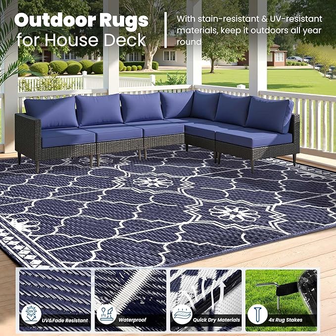 8x10Ft Outdoor Rug, Solar Powered Outdoor Rug with 113LEDs Strip Lights, Waterproof Plastic Reversible Outdoor Straw Rugs, Rugs Mat for House Deck RV Camping Patio Beach Balcony Picnic (Blue White)