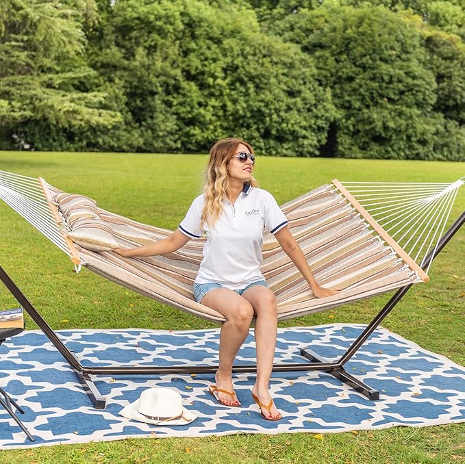 Lazy Daze Hammocks Quilted Fabric Hammock with 12 Feet Stand, 2 People Double Hammock with Stand for Outdoor Indoor Patio Garden Backyard, 450 lbs Capacity, Olive Green&Taupe Stripes