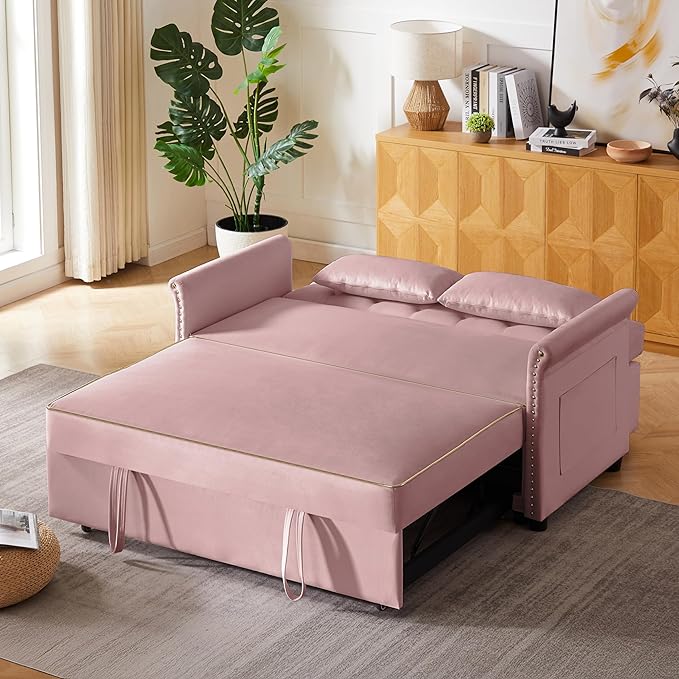 57" Velvet Pull-Out Sofa Bed, 3-in-1 Convertible Loveseat with Gold Trim Strips and Adjustable Backrest, Perfect for Living Rooms, Offices and Apartments (Pink)