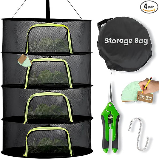 4 Layer 24" Herb Drying Rack Hanging with Garden Pruning Shears, Large Zipper, Hook & Notepad, Foldable Drying Rack for Herbs, Spices & Seasonings, Hanging Herb Dryer Indoor Outdoor