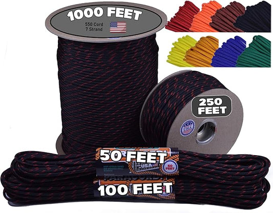 BORED? PARACORD! 550 lb Paracord - Ideal for Crafting, Camping, DIY Projects, Active & Military Outdoors - Strong Survival Rope - Tactical Parachute Cord Type III - Thin Red Line 100 Feet
