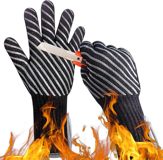 HandLove BBQ Gloves, Oven Gloves with Fingers –1472℉ Heat Resistant Gloves for Grilling | Aramid Retardant Non-Slip Grip, Bamboo-Lining Fire, Black,L