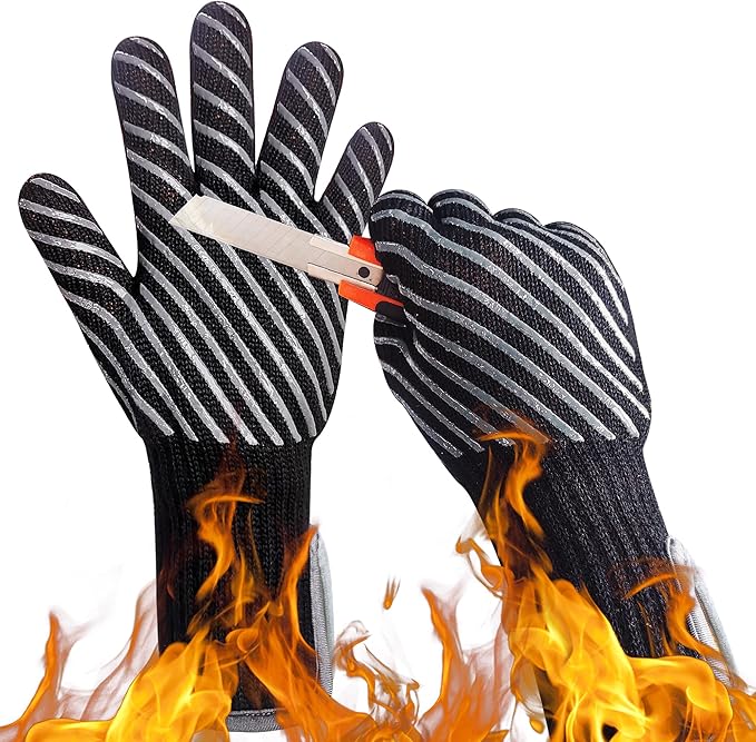 HandLove BBQ Gloves, Oven Gloves with Fingers –1472℉ Heat Resistant Gloves for Grilling | Aramid Retardant Non-Slip Grip, Bamboo-Lining Fire, Black,M