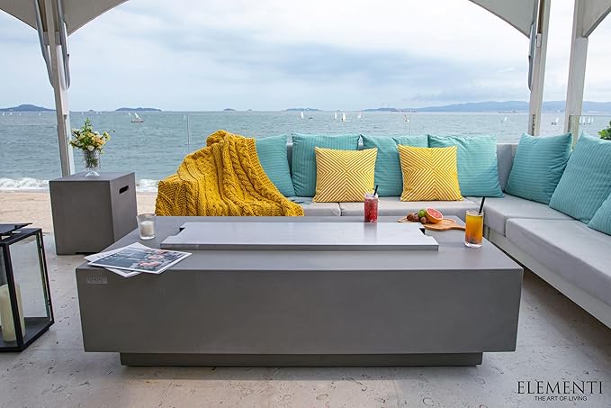 Elementi | Bundle Granville Gas Fire Pit Cast Concrete 60" Rectangular Fire Table, Outdoor Fire Pit Electronic Ignition | Canvas Cover, Lava Rock Included | Light Gray (Propane Gas)