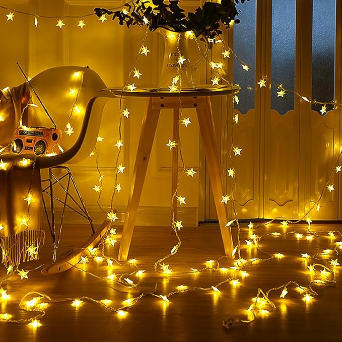Fairy Star String Lights Plug in, 33ft 100 LED Cute Stars Shaped Lamp 8 Modes for Bedroom Classroom Dorm Porch Wedding Birthday Party Christmas Tree Indoor Outdoor Hanging Decorations (Warm White)