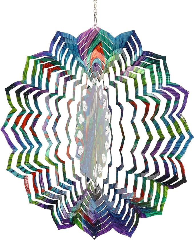 Exhart Wind Spinner, Peacock Mandala Hanging Wind Sculpture, 3D Laser Cut Patterns with Bead Details, Metal Outdoor Garden Decoration, Multicolor Lawn and Yard Art, 12 Inch