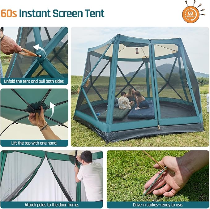 Instant Tents for Camping Pop Up Screen Tent with Rainfly and Porch, 6 Person Large Family Camping Tent with Floor, Easy 60S Setup Hub Tent for Outdoor Picnic Backyard, 11.5'L x 10'W x 6.83'H
