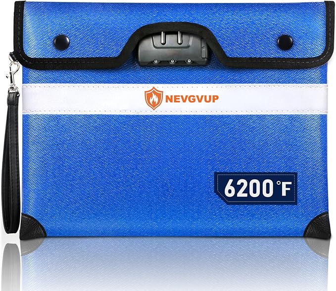 6200F Fireproof Money Bag with Lock, Upgraded A5 Document Bag w/ Zipper/Reflective Strip, 9 Layers Heat Insulated, Water Resistant