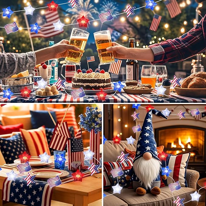 4th of July Decorations String Lights with Remote 2Pack, 16FT Red White Blue Patriotic Lights with 50LED Flag Stars, USB & Battery Powered Fairy Light for Patriotic Memorial Day Independence Day Decor