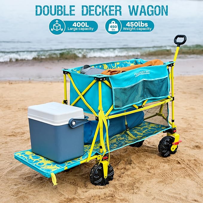 400L Collapsible Double Decker Beach Wagon with Brakes, Folding Beach Cart with 54" Extra Long Decker, 450LBS Heavy Duty Wagon Chart with All-Terrain Big Wheels for Sand Camping Garden