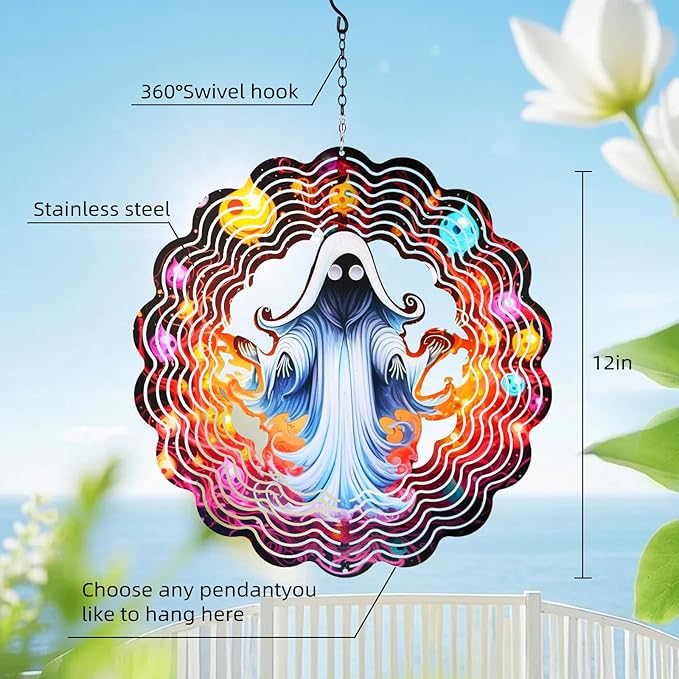 Ghost Metal Wind Spinners Outdoor for Gifts for Women/Men-12 inch 3D Kinetic Sculpture for Silhouette,Hanging Wind Spinner Decoration for Halloween,Patio,Yard,Porch,Backyard,Garden Decor