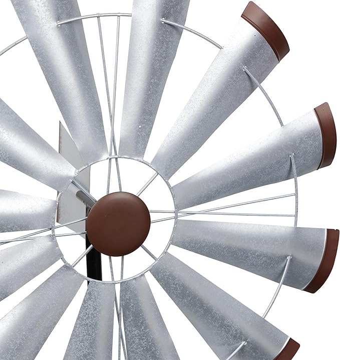 Alpine Corporation SLL2652SL 85" Metal Windmill Garden Stake, Large Outdoor Wind Spinner for Yard, Lawn, Patio, or Garden with Durable Iron Construction, Silver