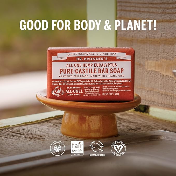 Dr. Bronner's Pure-Castile Magic Bar Soaps (Eucalyptus, 5oz, 12-Pack) – Made with RegeOrganic Oils, Soap Bars for Men & Women, Gentle for Face & Sensitive Skin, Vegan, Cruelty-Free, Non-GMO