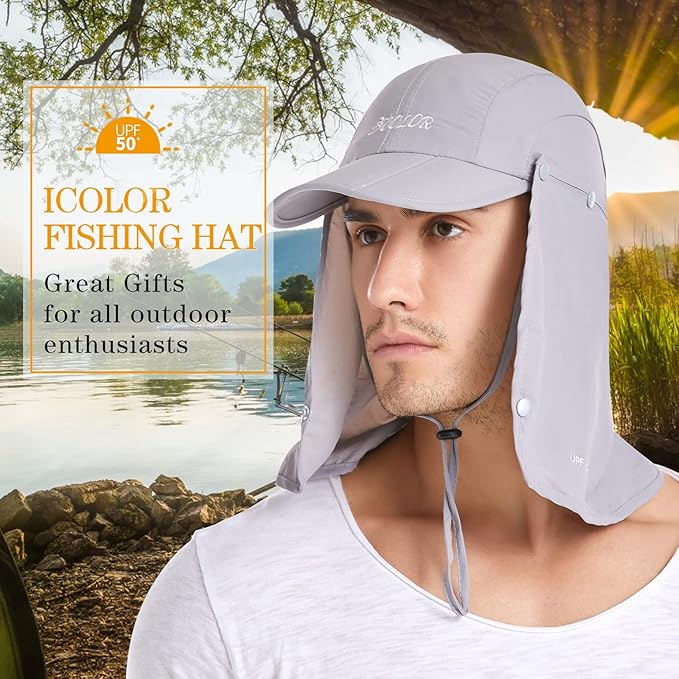 icolor Sun Hats for Men Women with Neck Flap,Foldable Sun Cap Fishing Sun Hats,UPF50+ Sun Protection Ponytail Hats