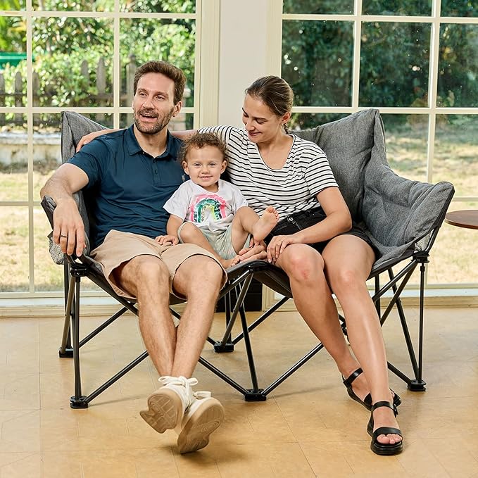 EVER ADVANCED Extra Large Double Camping Chair for Adults, Family Size Padded Folding Camping Love Seat Bench with Side Pocket Portable Camping Couch, Two Person Heavy Duty Folding Outdoor Chair