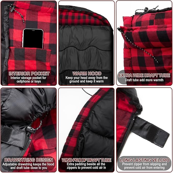 0 Degree Flannel Double Sleeping Bag for Adults, Couples or Family - Winter Queen Size Waterproof & Warm 2-Person Sleeping Bag for Cold Weather Camping, RV Travel