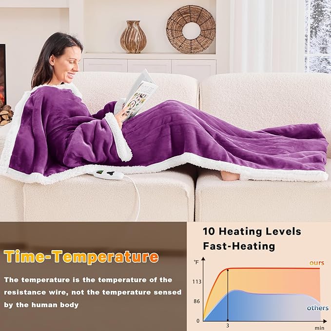 greenoak Wearable Heated Throw Blanket Electric Snuggle - Heated Robe with Foot Pocket for Adult, Winter Gifts for Mom Women 5-Position Timer 10-Heating Levels,50 * 70",Purple
