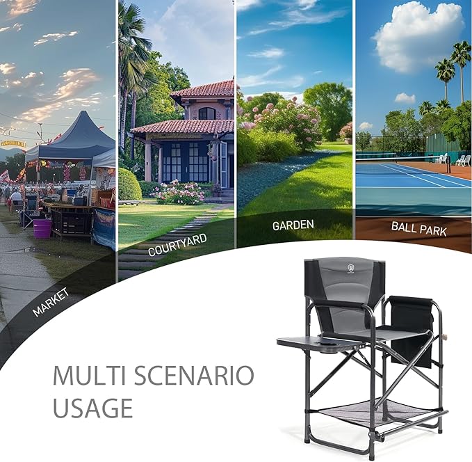 EVER ADVANCED Medium Tall Directors Chair Foldable Makeup Artist Chair Bar Height with Side Table Cup Holder and Pocket Footrest, Supports 400LBS (Grey, Seat Height: 23.2 inches)