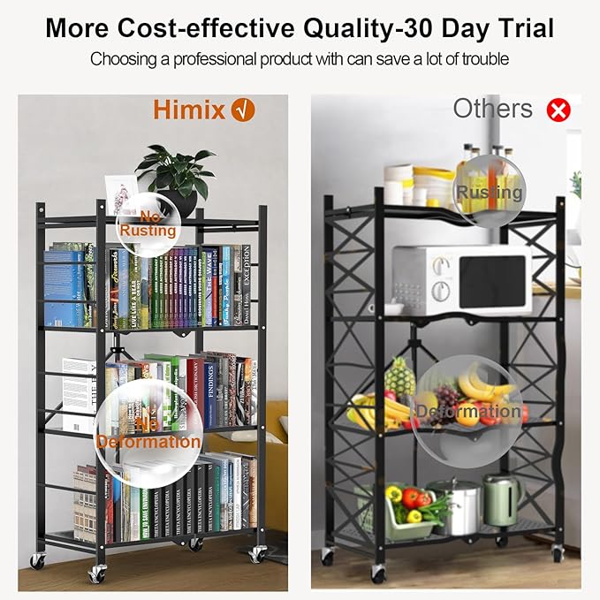 Himix Storage Shelves with 20 Hooks, 4-Tier Foldable Shelves for Storage, Folding Shelf Unit Pantry Shelves with Wheels, Metal Shelving Storage Rack Shelf for Kitchen Garage Home, Black - No Assembly