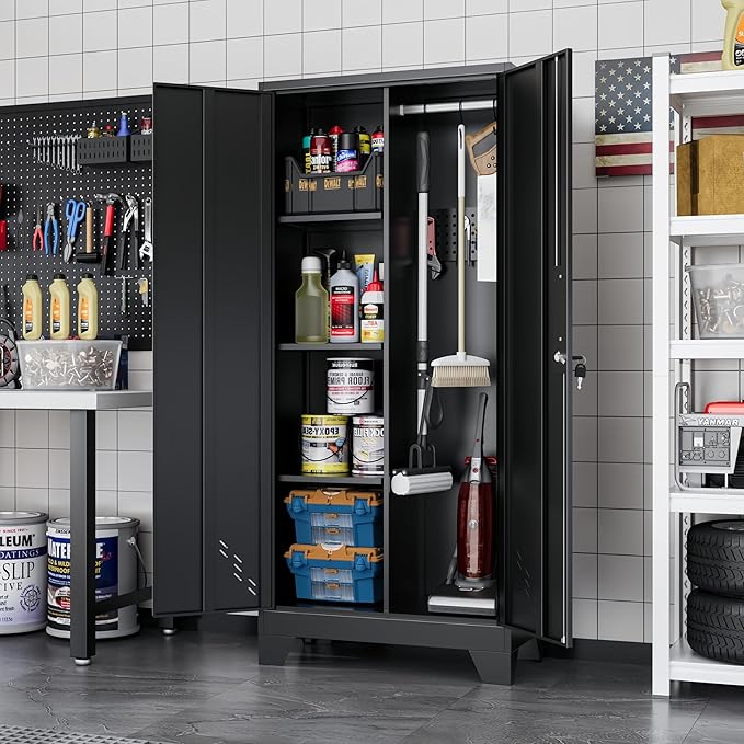 61" H Broom Closet Cabinet, Metal Storage Cabinet with Lockable Doors and Pegboard, Utility Closet for Brooms and Mops, Tool Cabinets for Home Office, Laundry Room, Garage, Workshop