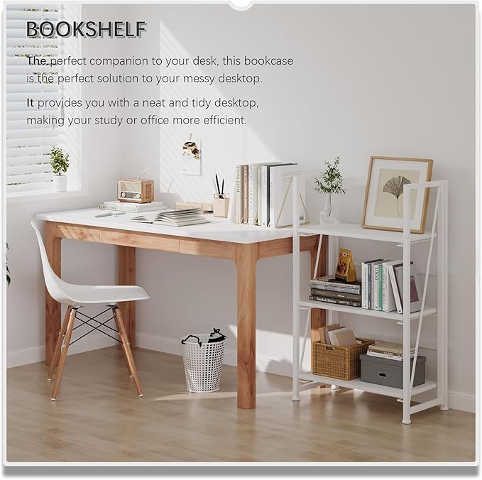 4NM No-Assembly Folding Bookshelf Storage Shelves 3 Tiers Vintage Bookcase Standing Racks Study Organizer Home Office (All White)
