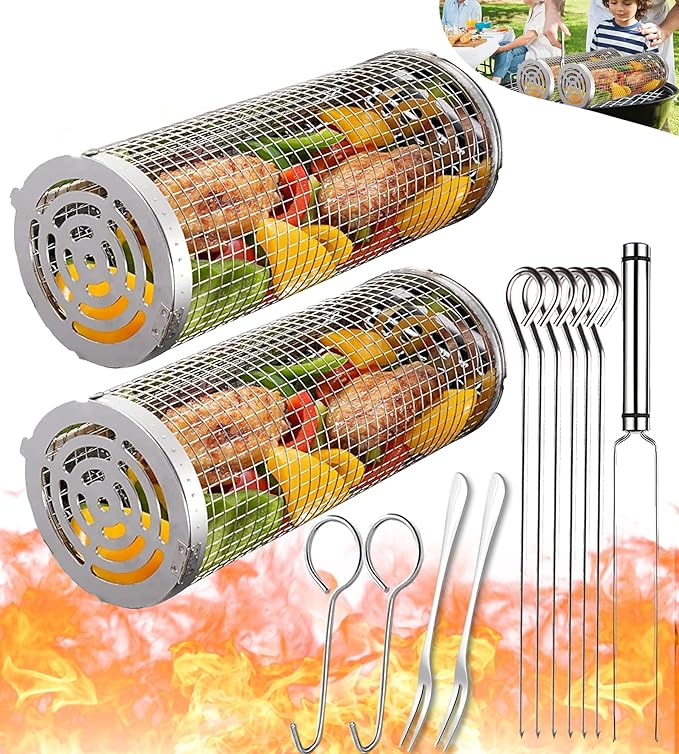 Rolling Grilling Baskets for Outdoor Grill Must Have Bbq Round Mesh Net Tube Large Barbecue Cylinder Cage Essentials Gadgets Cooking Accessories for Picnic Veggies Vegetable Fish Meat, Gift for Men