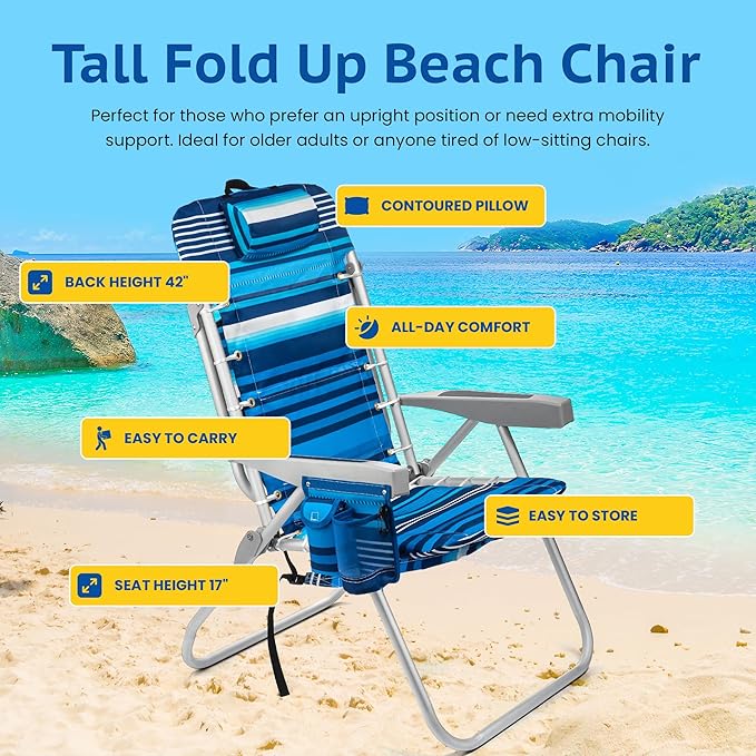 Homevative Backpack Fold-Up Beach Chair, 5 Positions, Towel bar, Cooler, Storage Pouch, Cup Holder and Phone Pocket