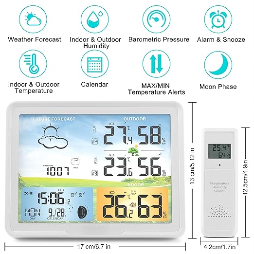 Home Weather Stations Wireless Indoor Outdoor Thermometer, Portable Digital Weather Clock Atomic, Bluetooth Color Forecast Station, Inside Outside Weather Monitor with Alarm(2 Sensors)
