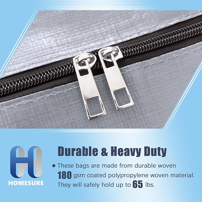 4 Pack Large Strong Bags with Zippers & Carrying Handles - Water-Resistant - Heavy Duty Storage Tote for Space Saving Storage, Fold Flat, Alternative to Moving Box (Silver)