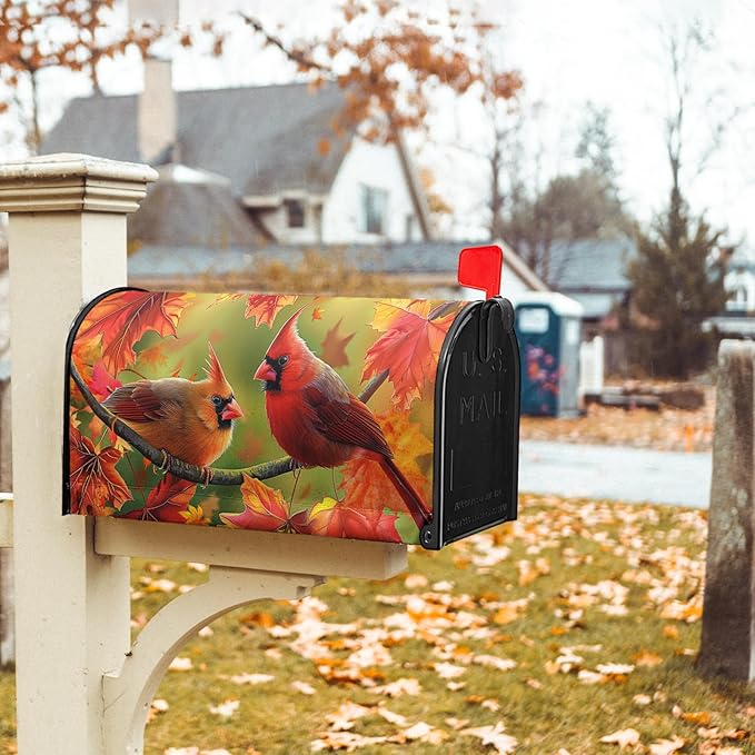 Autumn Bird Mailbox Cover Magnetic Large Size 25.5x21 Inch Fall Red Birds with Maple Leaves Mailbox Covers Happy Holiday Thanksgiving Mailbox Post Cover Decor Letter Box Wraps for Outdoor Garden Yard