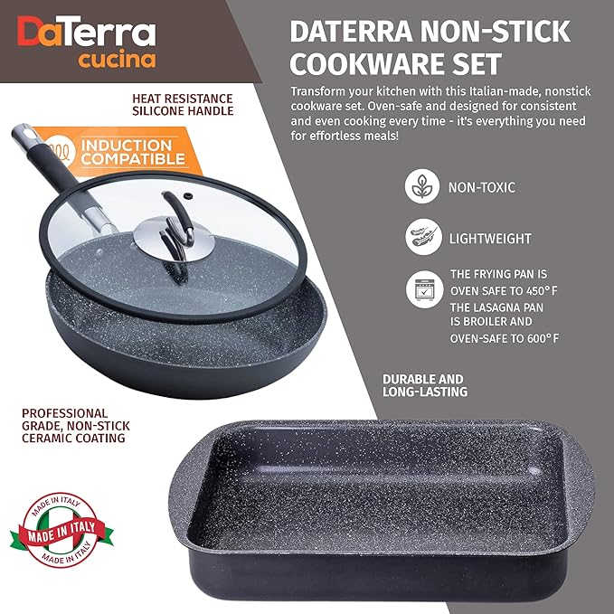 DaTerra Cucina Nonstick Ceramic Frying Pan (11") & Roasting Pan (16.1"x11.7"x2.7") Bundle - Oven Safe, Stovetop Compatible, PTFE & PFOA Free, Volcanic Black, Made in Italy