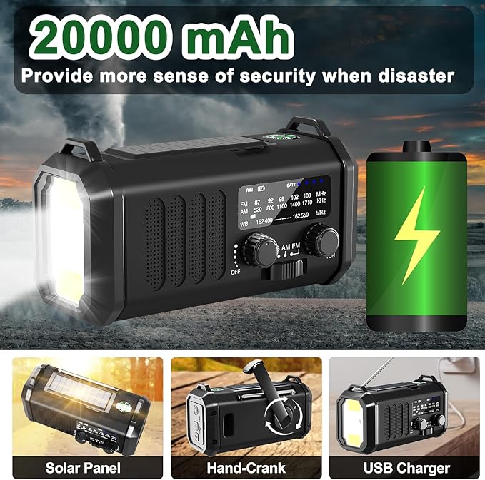 Emergency Radio NOAA Weather Radio Hand Crank & Solar Charging 20000mAh/74000mWh with AM FM Rechargeable Battery Built-in Flashlight Reading Light & SOS AM/FM & Portable for Camping & Emergencies