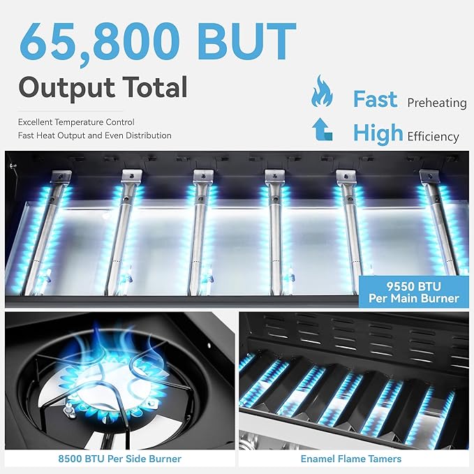 6 Burner Propane Gas BBQ Grill with Side Burner & Porcelain-Enameled Cast Iron Grate, 65,800 BTUs Barbecue Grill 665 Sq. In. Grilling Area, Outdoor Propane Grill for Camping Patio Backyard Cooking