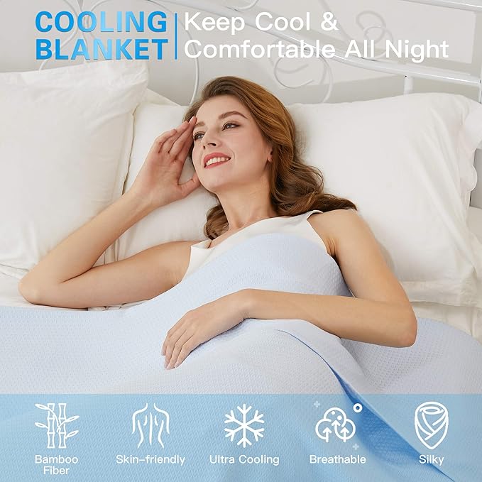AmyHomie Cooling Blanket King Size, 100% Rayon Derived from Bamboo, Cool Summer Blanket for Hot Sleepers, Soft Comfy Lightweight Blankets for All Seasons(Blue, 90×108in)