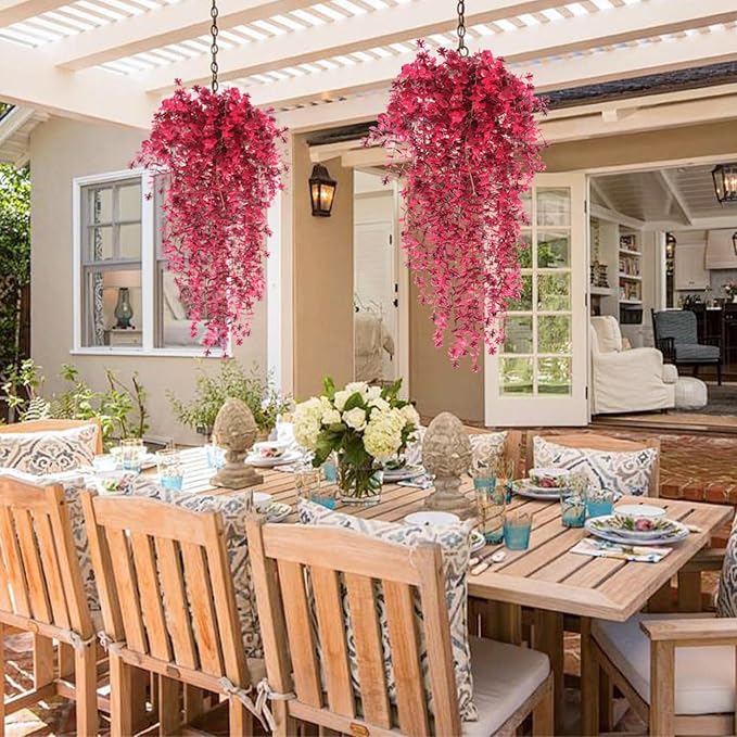 Artificial Hanging Plants Artificial Fall Flowers Faux Autumn Plants Artificial Ferns for Outdoors Hanging Fake Vines Faux Hanging Plants for Fall Decor Indoor Outdoor House Wedding Party(Wine Red)