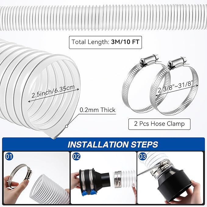 2-1/2 x10 ft PVC Dust Collection Hose with 2 Steel Hose Clamps 4 to 2-1/2 Cone Reducer & 4 in Dust Collection Flex Cuff with 2 Adjustable Turn Key Thumb Clamps for Debris Collection System