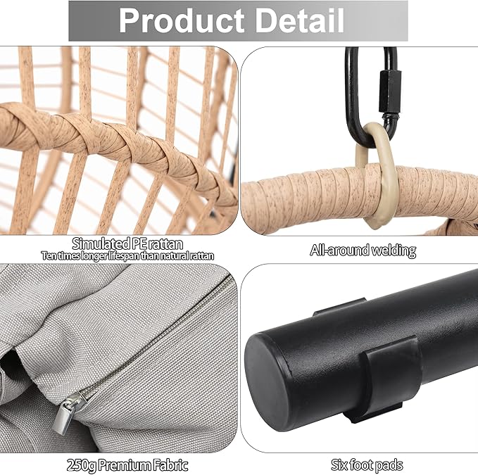 Hanging Egg Chair with Stand - Egg Swing Chair Outdoor Indoor Patio Wicker Chair Swing Hammock Egg Chairs 400lbs Capacity for Outside Patio, Bedroom, Garden and Balcony (Beige-Regular, 2P)