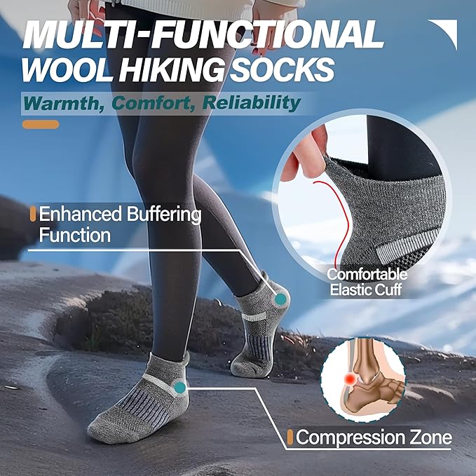 6 Pairs Merino Wool Ankle Running Hiking Socks Compression Support Breathable Thick Cushion No Show Socks for Women Men