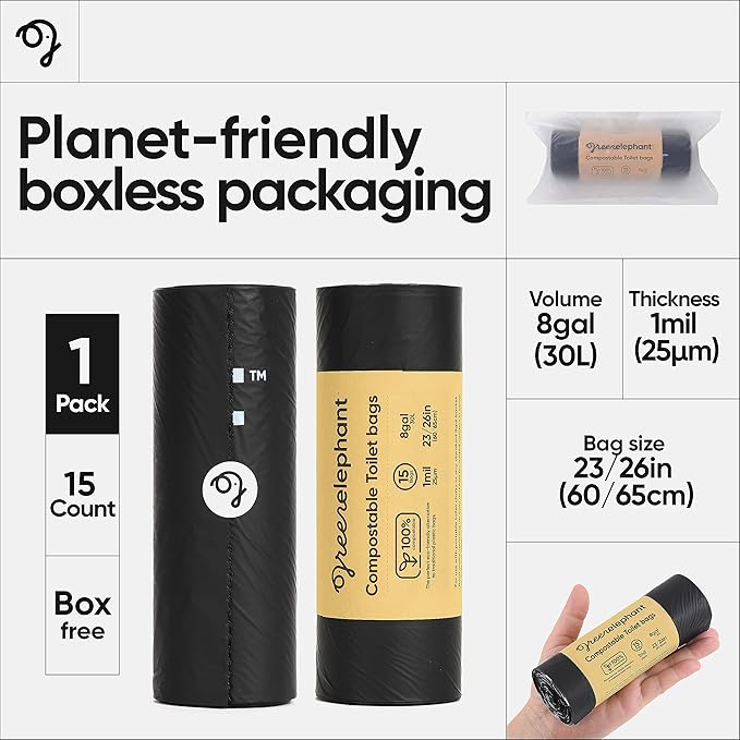 Green Elephant Portable Camping Toilet Bags – Compostable Potty Bags for Portable Toilet, Wag Bag Human Waste Kit, Fits 5-Gallon Buckets, Biodegradable Outdoor Waste Solution, 15 Count, 8 Gal