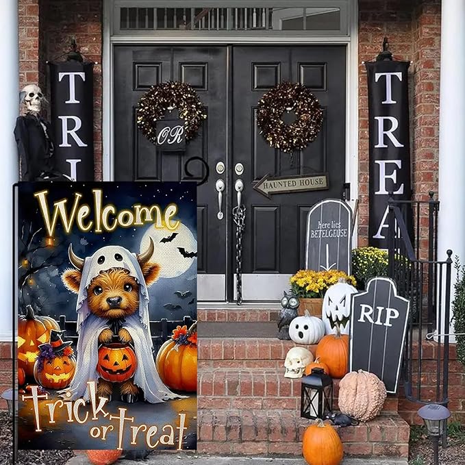 Halloween Garden Flag for Outside 12x18 Inch Double Sided, Cow Pumpkin Small Yard Flags for Outside, Outdoor Welcome Flag Front Porch Decorations for Home