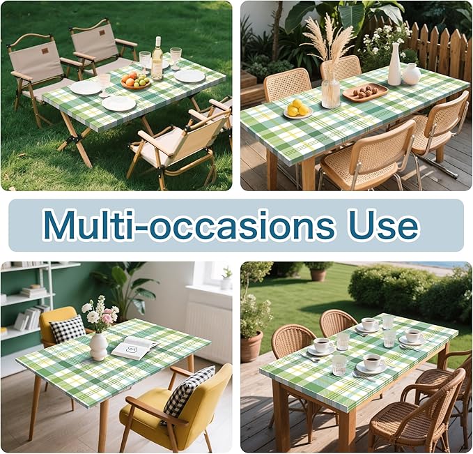 Green Picnic Table Cover with Bench Covers, 3 Pcs Waterproof Elastic Picnic Table Cover Outdoor Camping Essentials, Windproof Fitted Tablecloth for Indoor Outdoor (Plaid, 72X30 Inch)