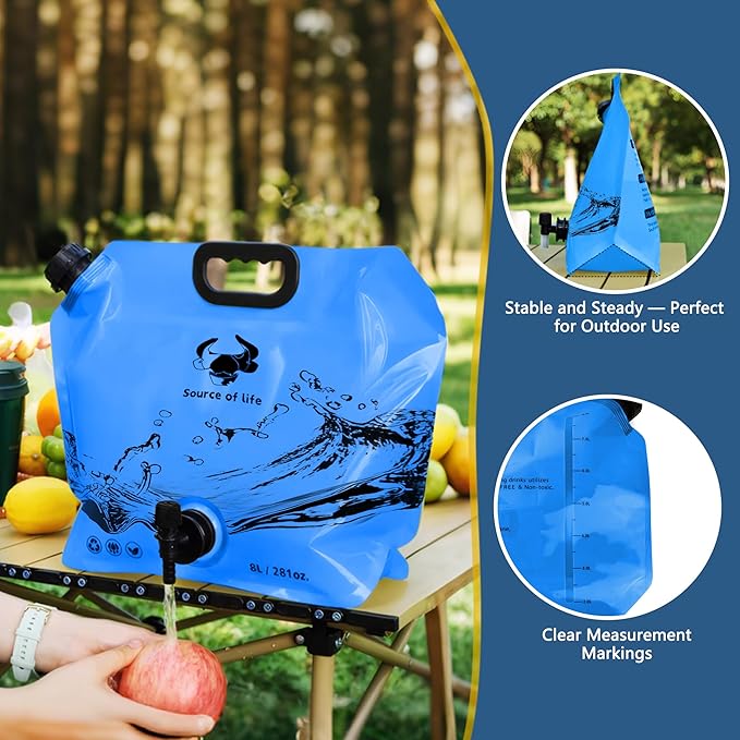 Camping Water Jug 2.1 Gallon CollapsibleWater Container Portable Water Bag for TravelOutdoor Hiking BPA Free Lightweight (Blue (2.1 Gal), 4)