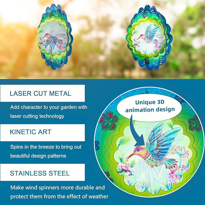 Hummingbird Metal Wind Spinners - Hummingbird Gifts for Women Mom Grandma Wife, Hanging Animations Wind Spinner for Outdoor & Indoor Decorations, 12 inch for Ornament Gifts