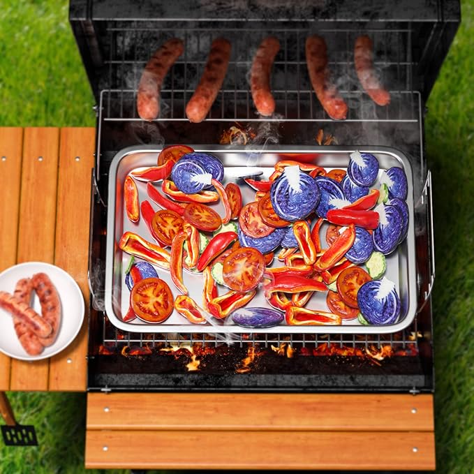 Grill Basket Set - BBQ Grill Tray with 3-Piece Grill Basket & Universal Handle, Heavy-Duty Stainless Steel, Dishwasher Safe, Rust-Resistant for Outdoor Cooking, Camping, Picnic, Gas, Charcoal Grills