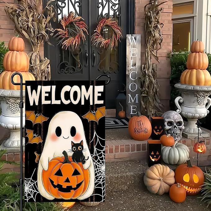 Halloween Garden Flag 12X18 Inch Double Side,Pumpkin Ghost Yard Flag, Welcome Jack O Lantern Small Garden Flag,Yard Outdoor Flag for Holiday Outside Patio Lawn Decoration