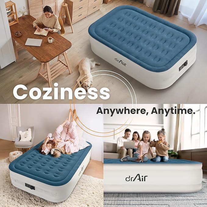 Full Air Mattress, 18” Raised Inflatable Bed with Built-in Pump, Waterproof Velvety Top, Ergonomic Design, Reinforced Support, and Carry Bag for Home, Camping, and Guests