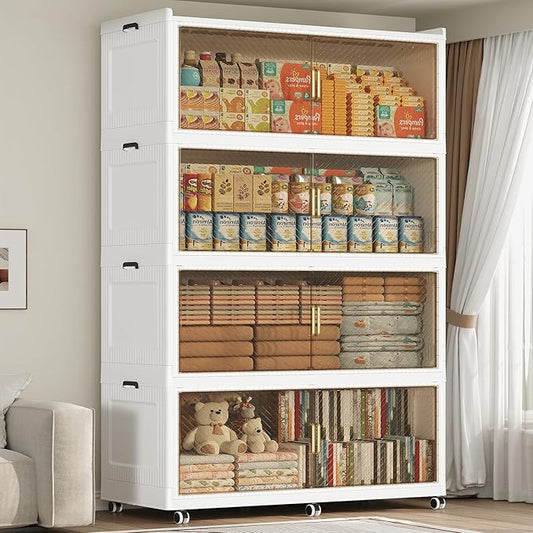 200GAL Extra Large Stackable Storage Bins with Lid, 800QT Plastic Closet Organizer and Storage Cabinet with Wheels and Doors, Folding Storage Box Container for Home Organization, 4Pack White