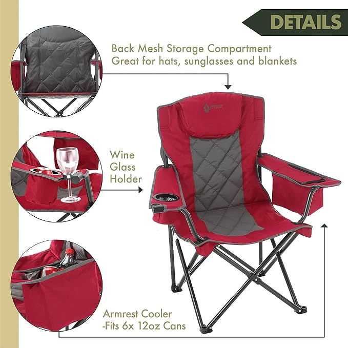 ARROWHEAD OUTDOOR 2-Pack Portable Folding Camping Quad Chair w/ 6-Can Cooler, Cup & Wine Glass Holders, Heavy-Duty Carrying Bag, Padded Armrests, Headrest & Seat, Supports up to 550lbs